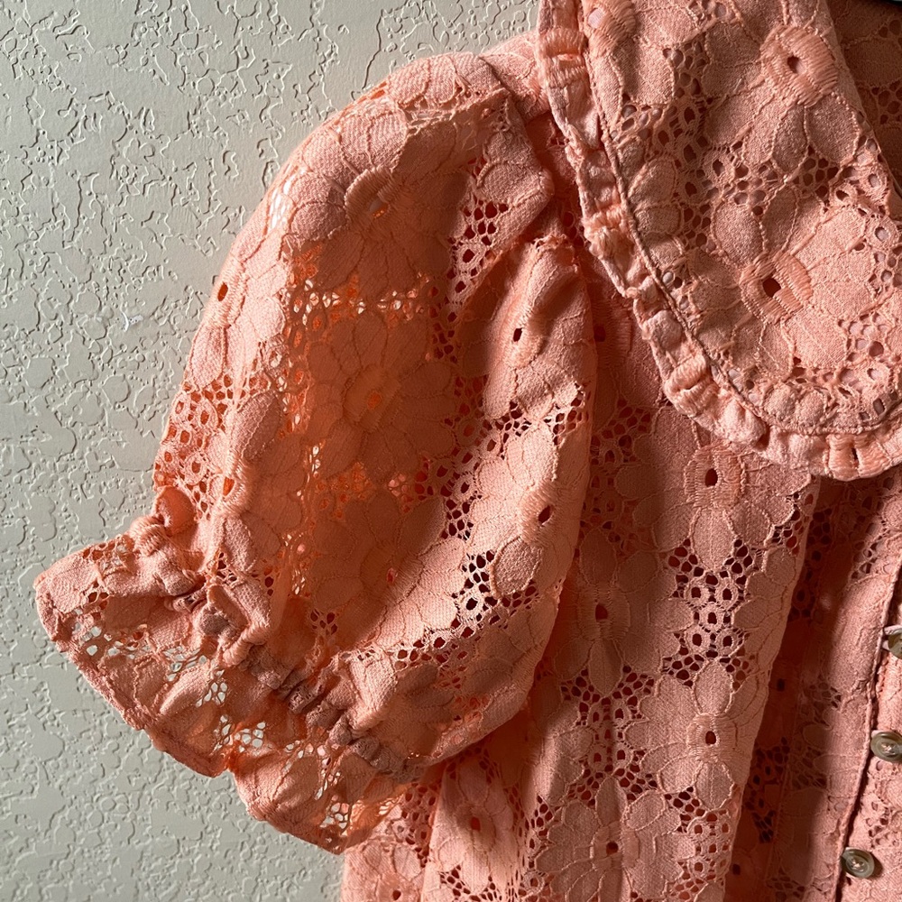 Pilcro Keira Lace Blouse by Anthropologie Womens Coral Collar Puff Sleeve Top XS - Picture 7 of 15